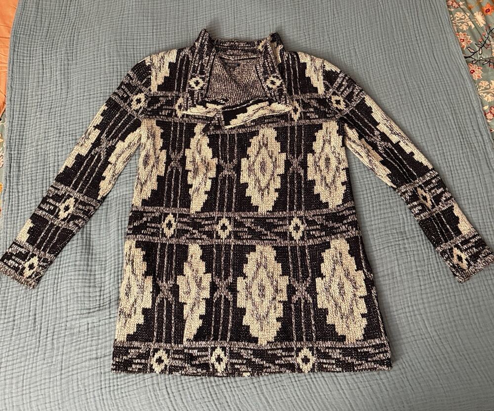 LUCKY BRAND Cardigan Women’s Large Tribal Cotton Blend Open Front Black Boho
